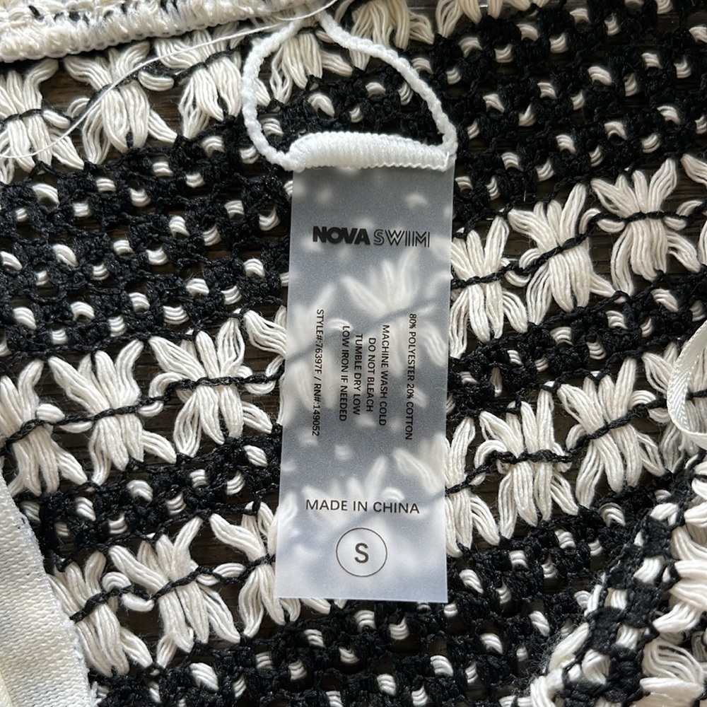 Cream & black crochet fringe swim coverup skirt S| resort boho vacation festival - Picture 12 of 13